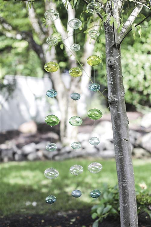 Colored Hanging Oval Hand Blown Glass Orb Garland in Blues and Greens