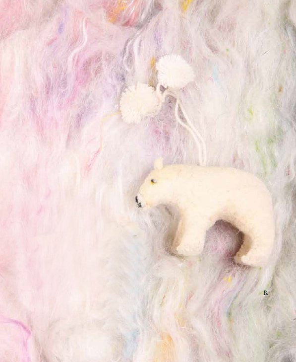 Stitched Wool Polar Bear Christmas Ornament with Pom Poms