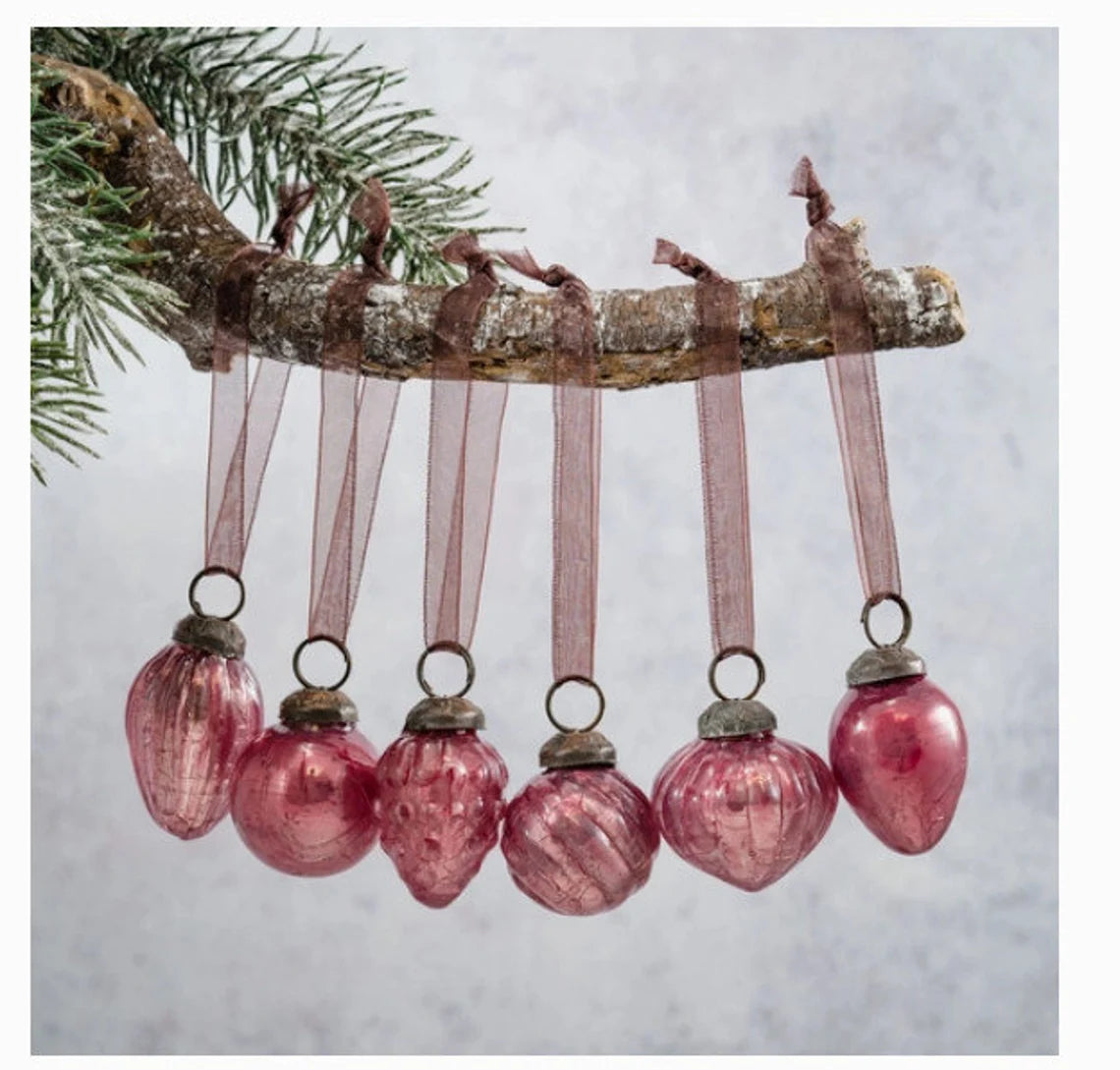 Set of 6 Mauve Crackle Glass Ornaments, Bohemian Christmas