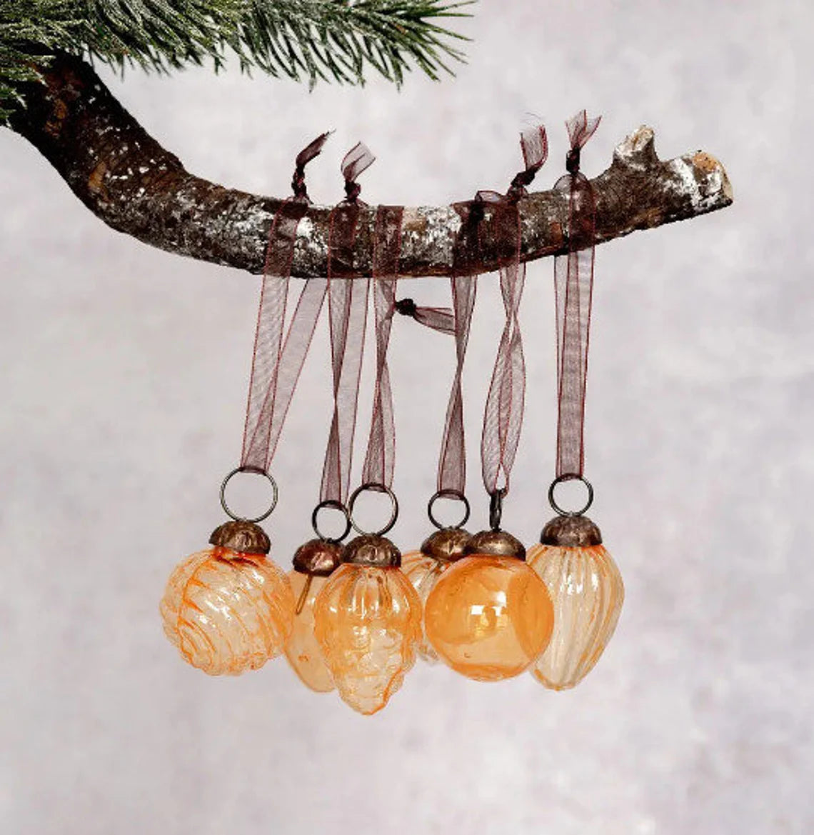 Set of 6 Light Orange Luster Glass Ornaments, Bohemian Christmas