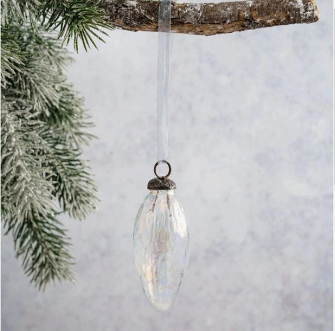 3 Inch Long Iridescent Clear Glass Ornament, Bohemian Christmas