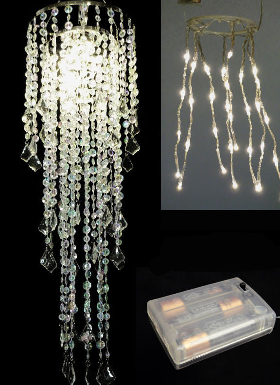 LED Large Diamond Cut Silver Beaded Chandelier, Battery Operated