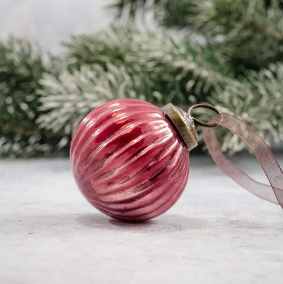 2 Inch Mauve Glass Ribbed Ornament, Bohemian Christmas