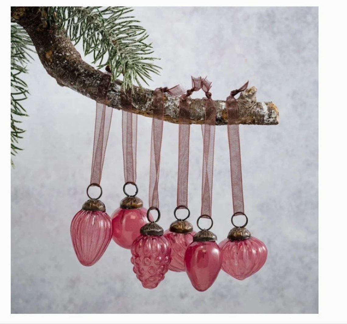 Set of 6 Mauve Luster Glass Ornaments, Bohemian Christmas