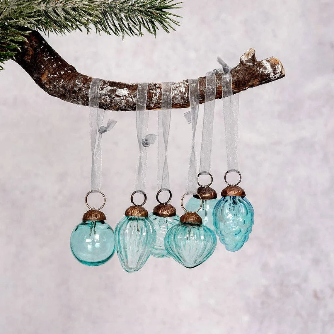 Set of 6 Mint Luster Glass Ornaments, Bohemian Christmas
