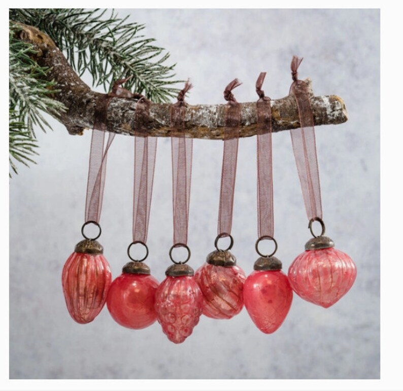 Set of 6 Peach Crackle Glass Ornaments, Bohemian Christmas