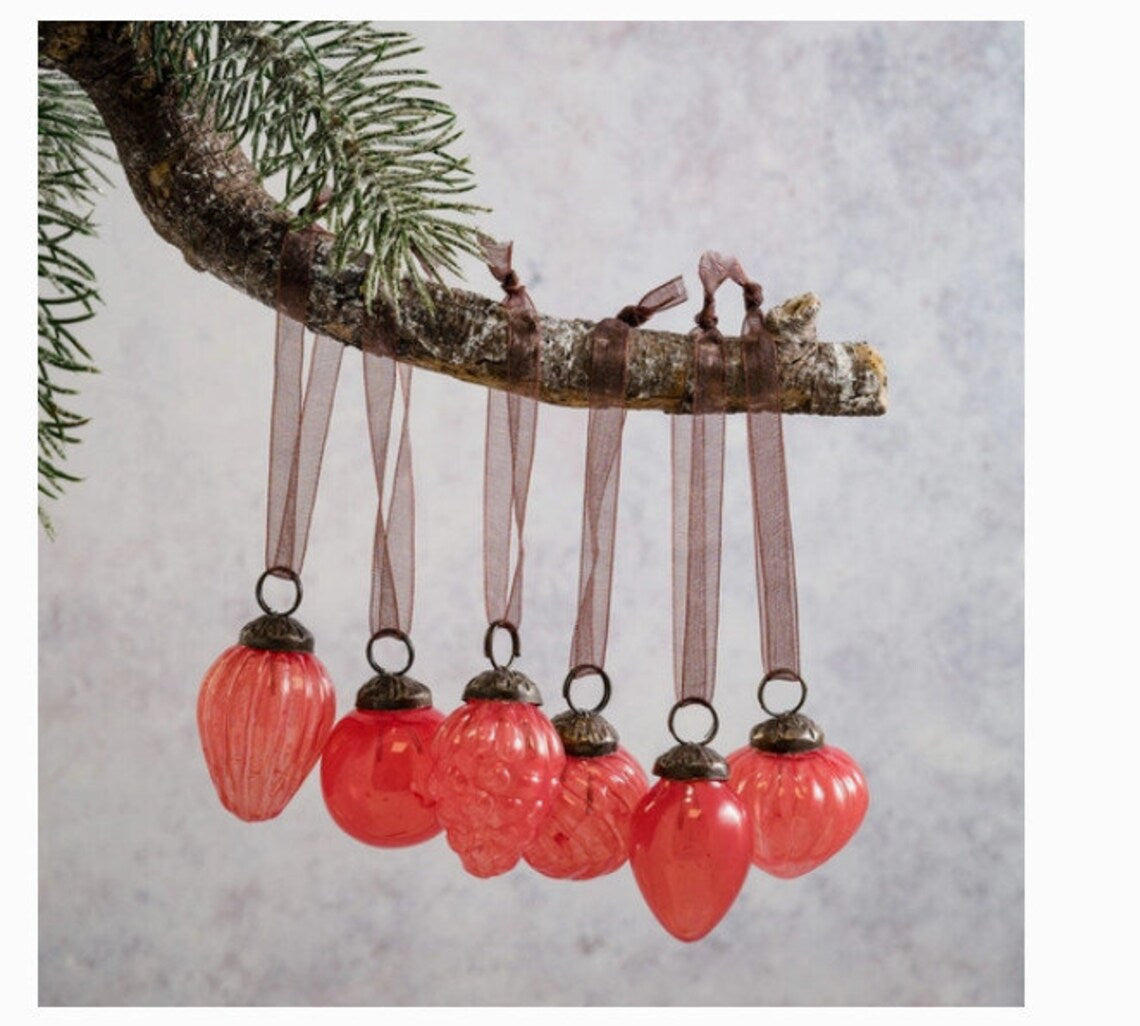 Set of 6 Slate Peach Luster Glass Ornaments, Bohemian Christmas