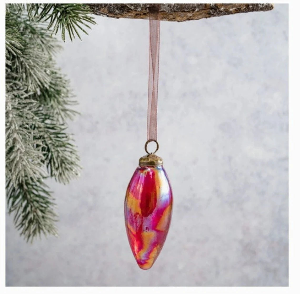 3 Inch Long Iridescent Red Glass Ornament, Bohemian Christmas