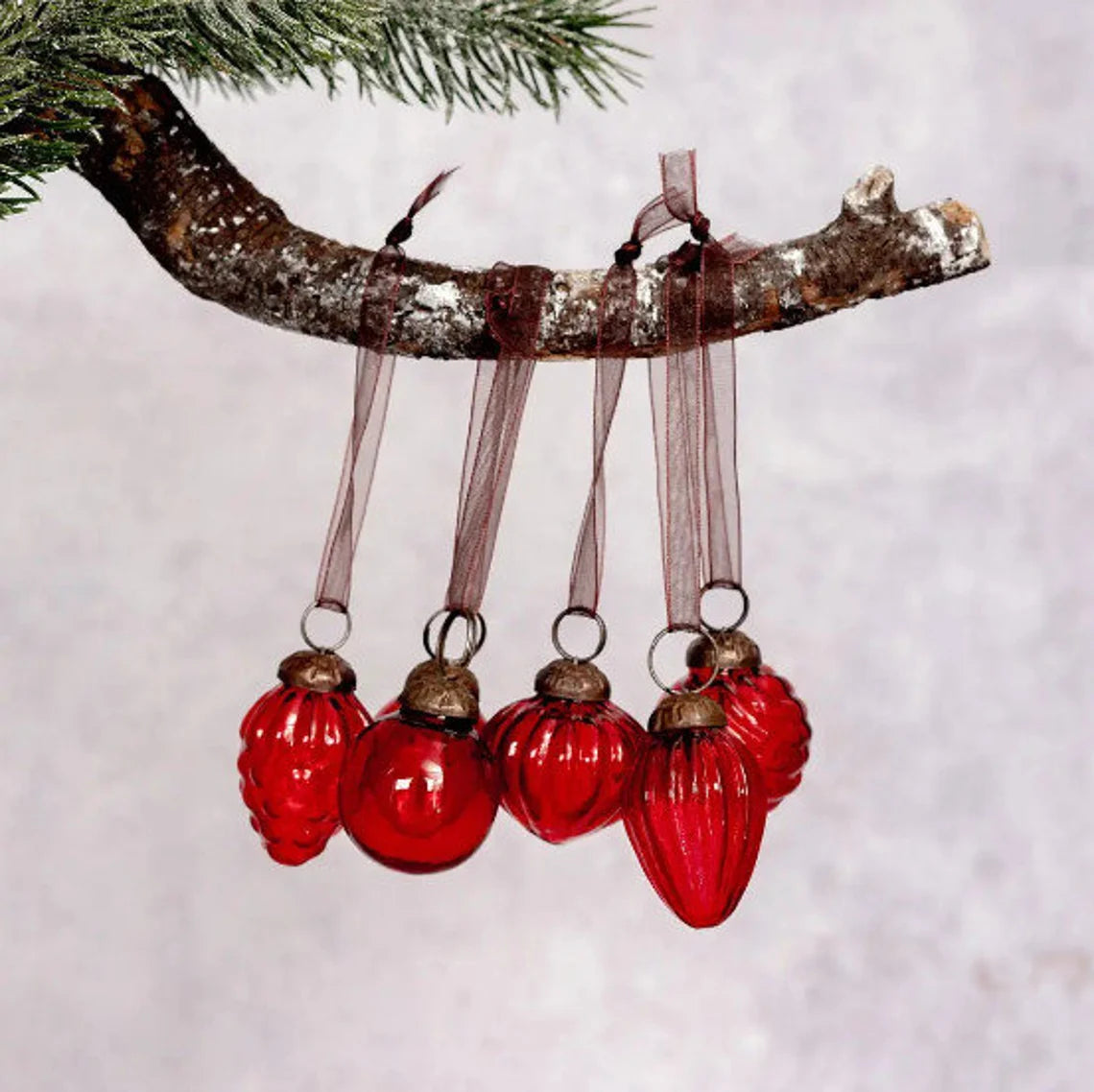 Set of 6 Red Luster Glass Ornaments, Bohemian Christmas