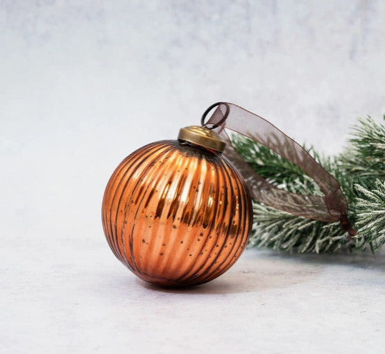 2 Inch Russet Brown Glass Ribbed Ornament, Bohemian Christmas