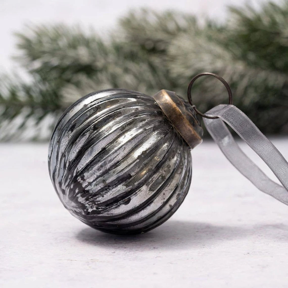 2 Inch Slate Gray Glass Ribbed Ornament, Bohemian Christmas