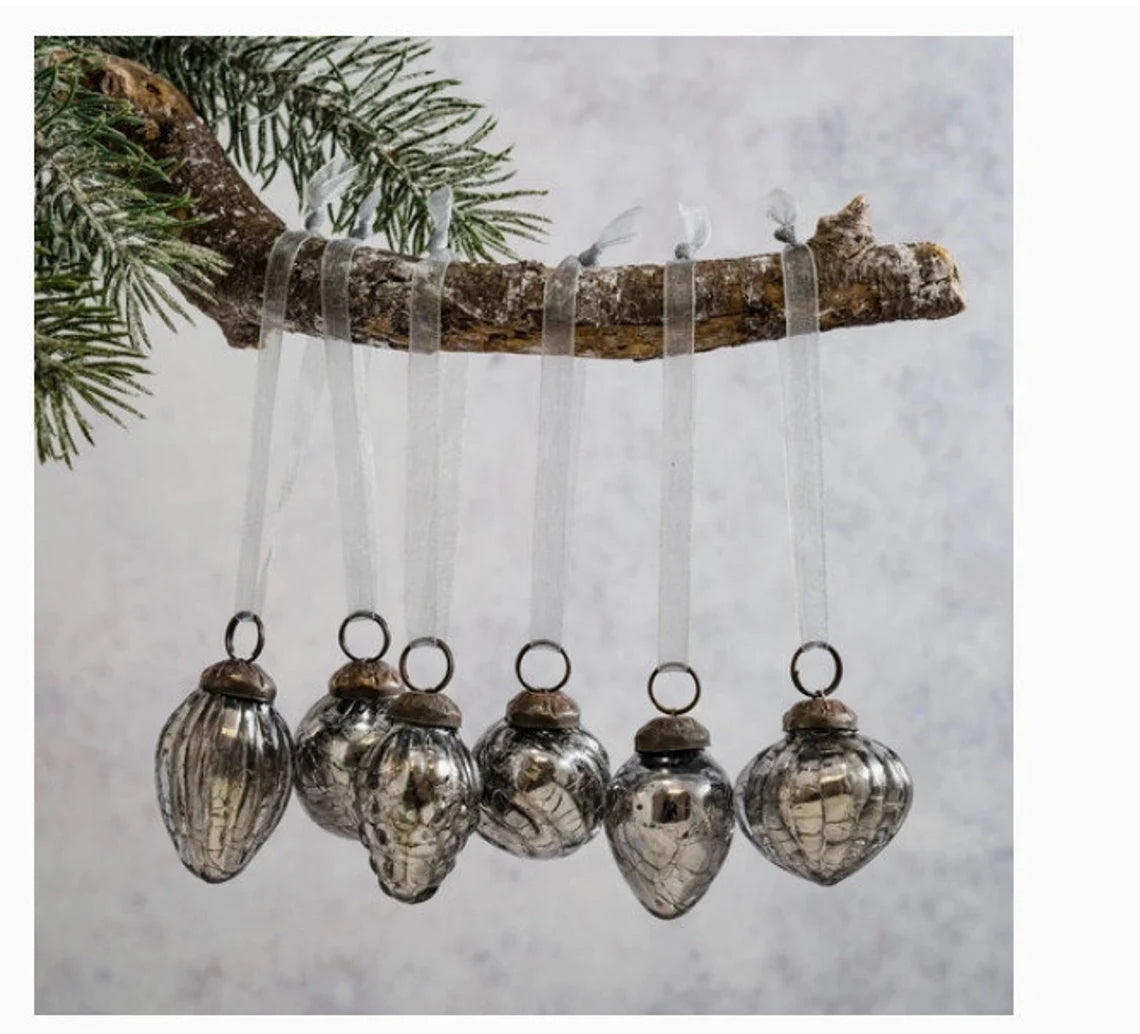 Set of 6 Slate Gray Crackle Glass Ornaments, Bohemian Christmas