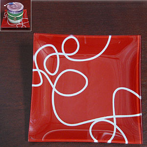 8 Inch Red Glass Platter -- Swing Dance Design Candle Plate