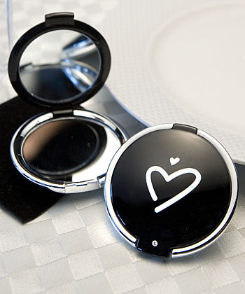 Set of 4 Black with White Heart Compact Mirrors -- Wedding Favor