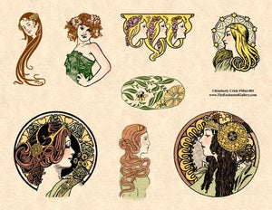 8 Art Nouveau Unmounted Rubber Stamps Set