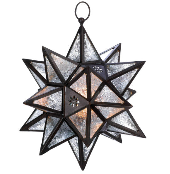 14" Glass + Bronze Moroccan Hanging Star Candle Lantern