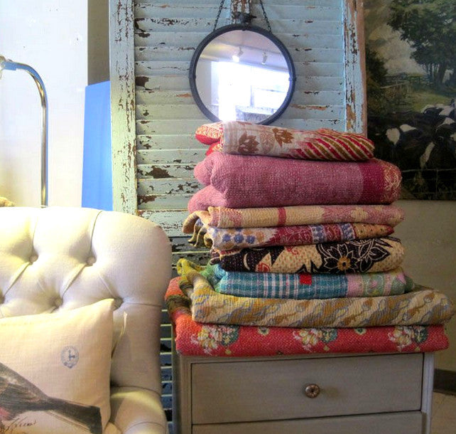 Vintage Kantha Quilt Throws, Perfect for Coachella and Burning Man Festivals, Cats love them too